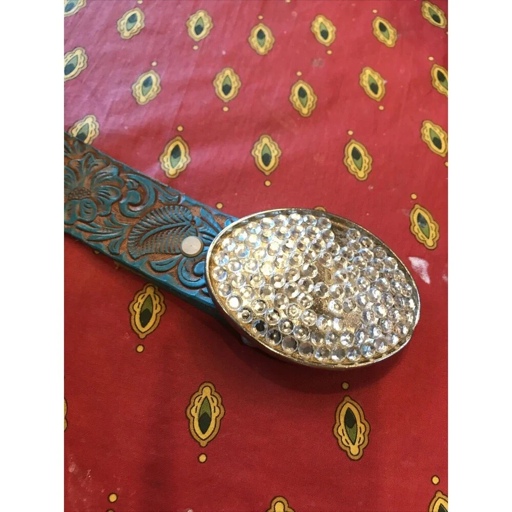 Women Western Turquoise Belt Silver Metal Round Rhinestone Bling Buckle 31-35”